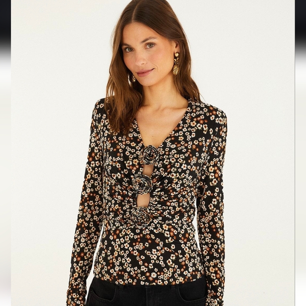 Farm Rio Black Tiny Flowers Jersey Blouse Small NWT